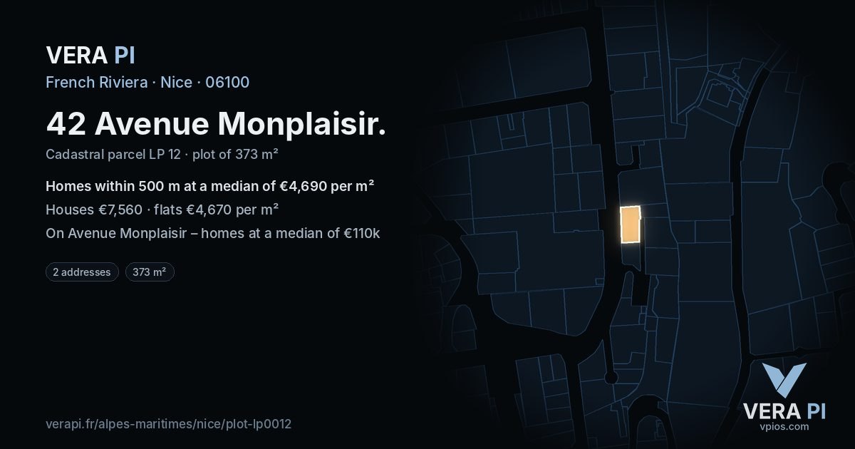 42 Avenue Monplaisir, Nice at night – the plot lit, the parcels around coloured by the prices near them
