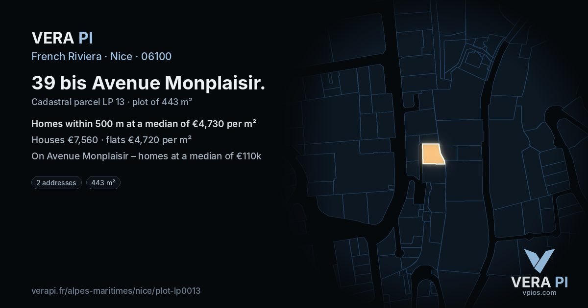 39 bis Avenue Monplaisir, Nice at night – the plot lit, the parcels around coloured by the prices near them