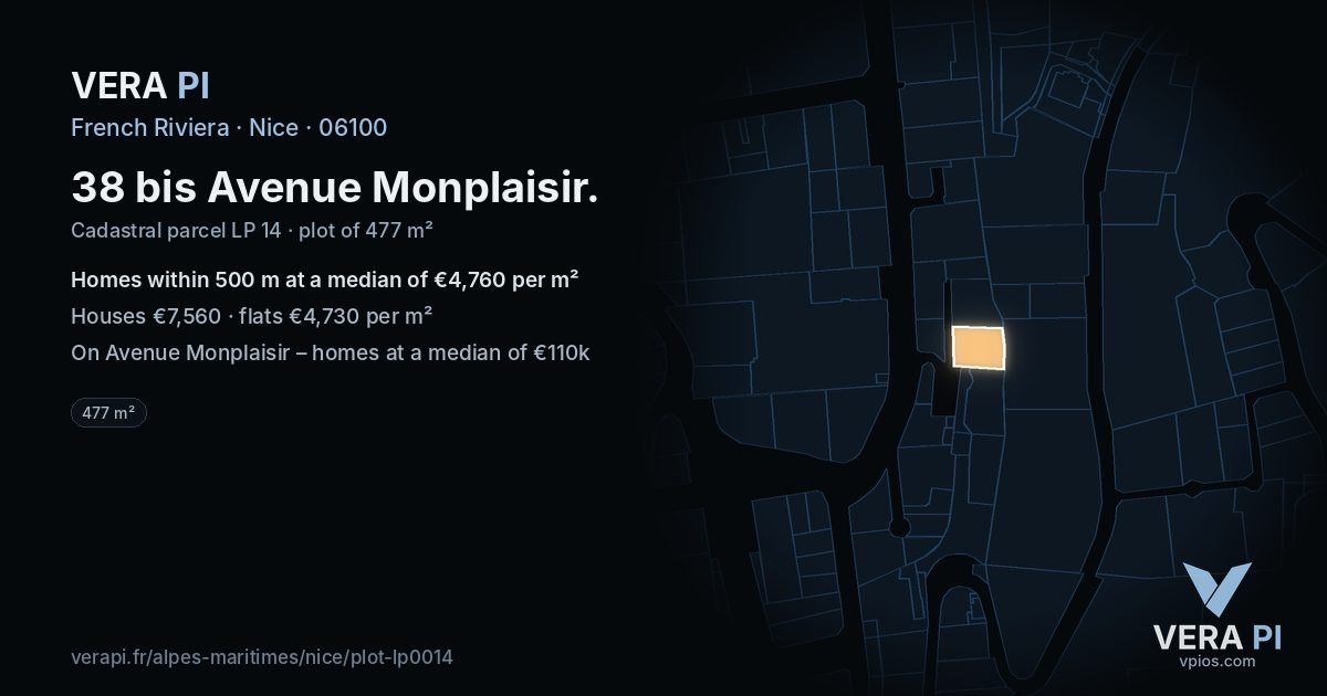 38 bis Avenue Monplaisir, Nice at night – the plot lit, the parcels around coloured by the prices near them