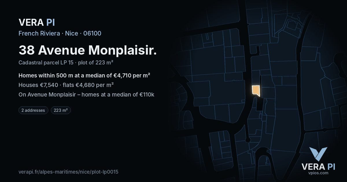 38 Avenue Monplaisir, Nice at night – the plot lit, the parcels around coloured by the prices near them
