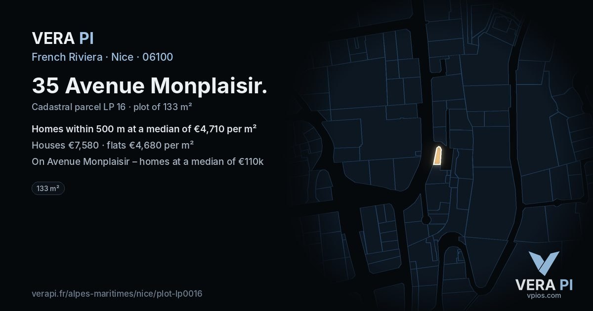 35 Avenue Monplaisir, Nice at night – the plot lit, the parcels around coloured by the prices near them