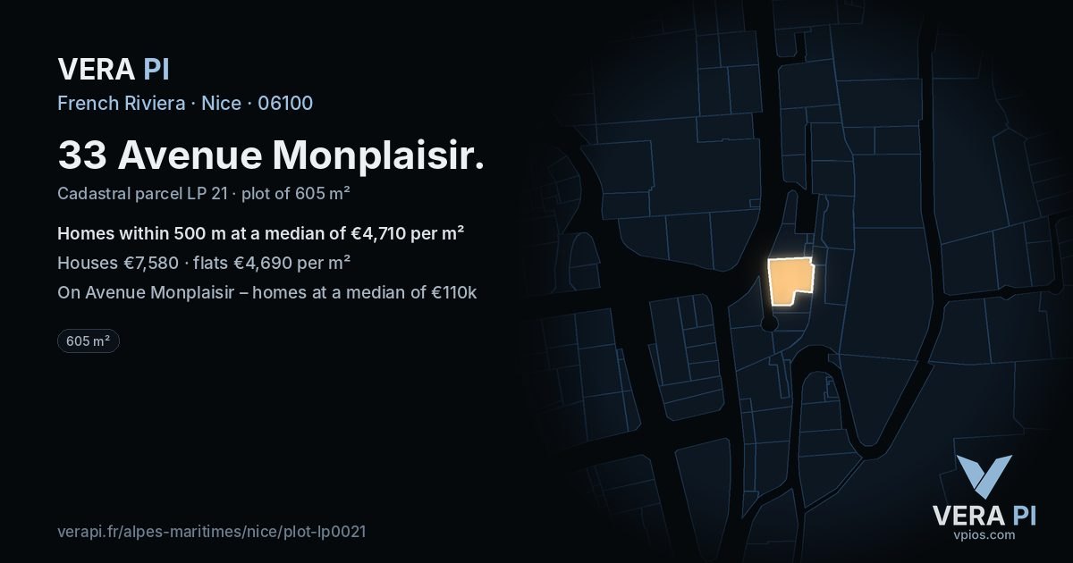 33 Avenue Monplaisir, Nice at night – the plot lit, the parcels around coloured by the prices near them