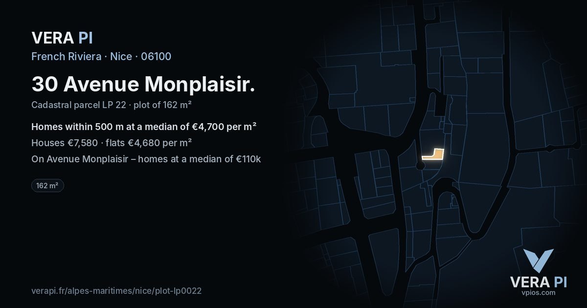 30 Avenue Monplaisir, Nice at night – the plot lit, the parcels around coloured by the prices near them