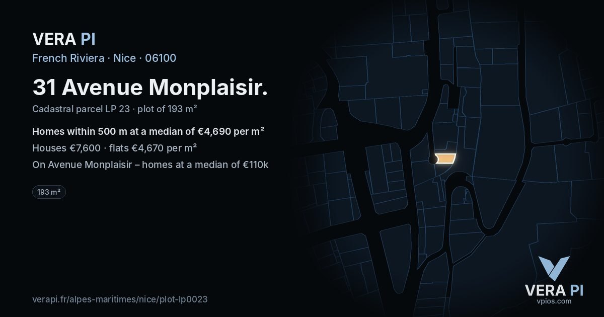 31 Avenue Monplaisir, Nice at night – the plot lit, the parcels around coloured by the prices near them