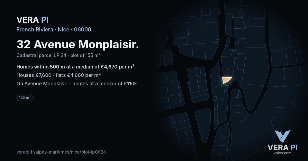 32 Avenue Monplaisir, Nice at night – the plot lit, the parcels around coloured by the prices near them
