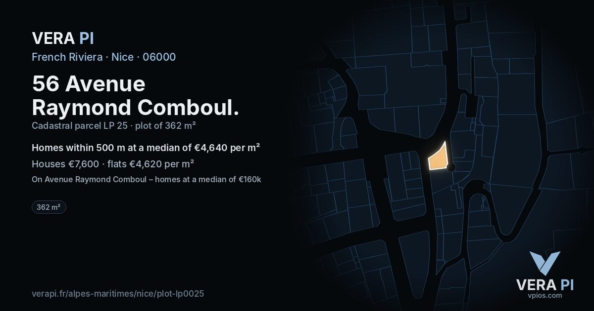 56 Avenue Raymond Comboul, Nice at night – the plot lit, the parcels around coloured by the prices near them