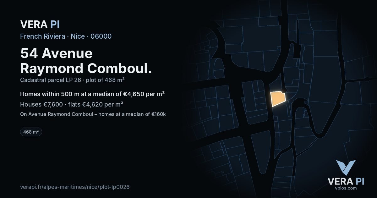 54 Avenue Raymond Comboul, Nice at night – the plot lit, the parcels around coloured by the prices near them