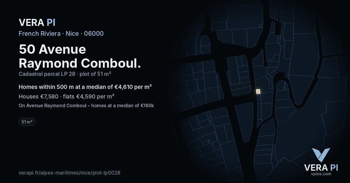 50 Avenue Raymond Comboul, Nice at night – the plot lit, the parcels around coloured by the prices near them