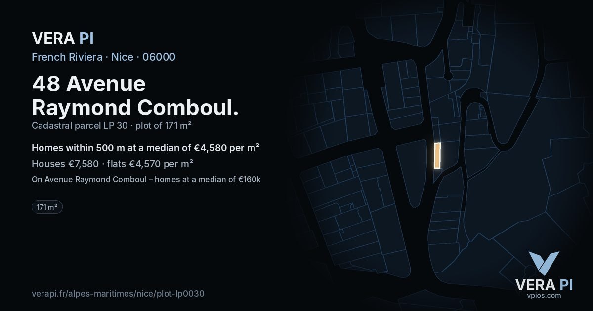 48 Avenue Raymond Comboul, Nice at night – the plot lit, the parcels around coloured by the prices near them