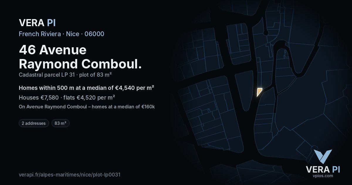 46 Avenue Raymond Comboul, Nice at night – the plot lit, the parcels around coloured by the prices near them