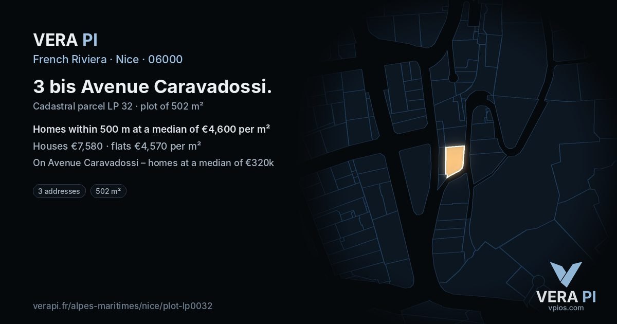 3 bis Avenue Caravadossi, Nice at night – the plot lit, the parcels around coloured by the prices near them