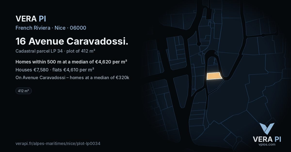16 Avenue Caravadossi, Nice at night – the plot lit, the parcels around coloured by the prices near them