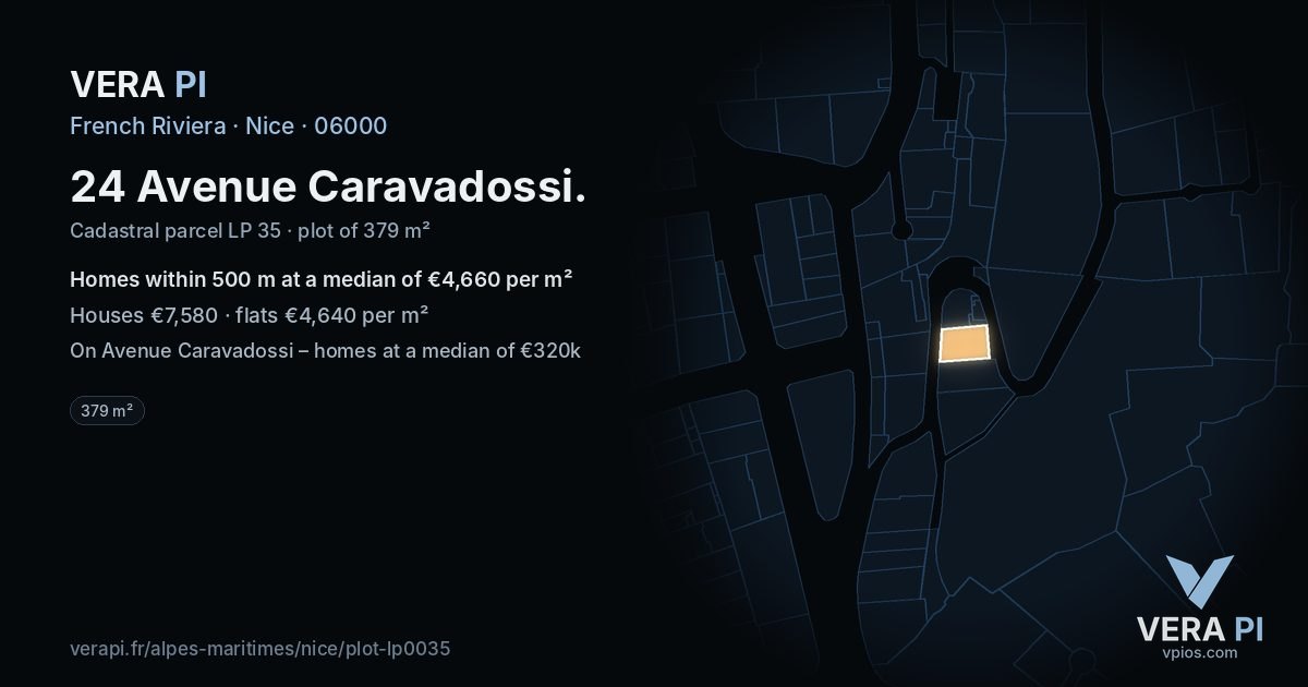 24 Avenue Caravadossi, Nice at night – the plot lit, the parcels around coloured by the prices near them