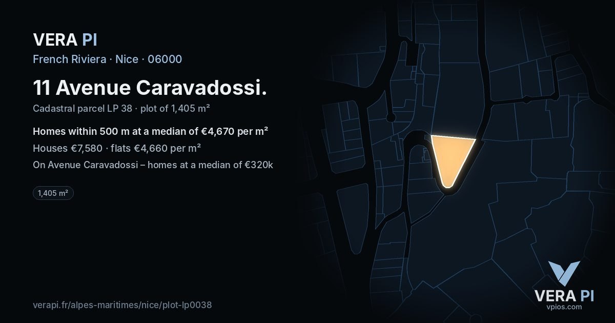 11 Avenue Caravadossi, Nice at night – the plot lit, the parcels around coloured by the prices near them