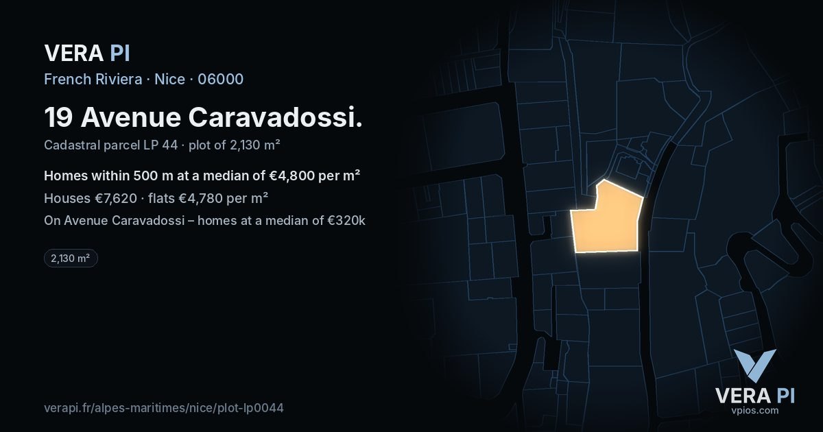 19 Avenue Caravadossi, Nice at night – the plot lit, the parcels around coloured by the prices near them