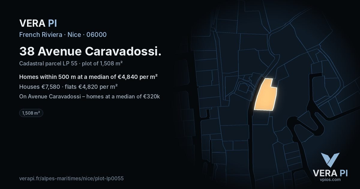 38 Avenue Caravadossi, Nice at night – the plot lit, the parcels around coloured by the prices near them