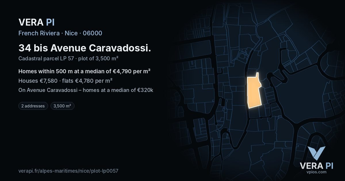 34 bis Avenue Caravadossi, Nice at night – the plot lit, the parcels around coloured by the prices near them