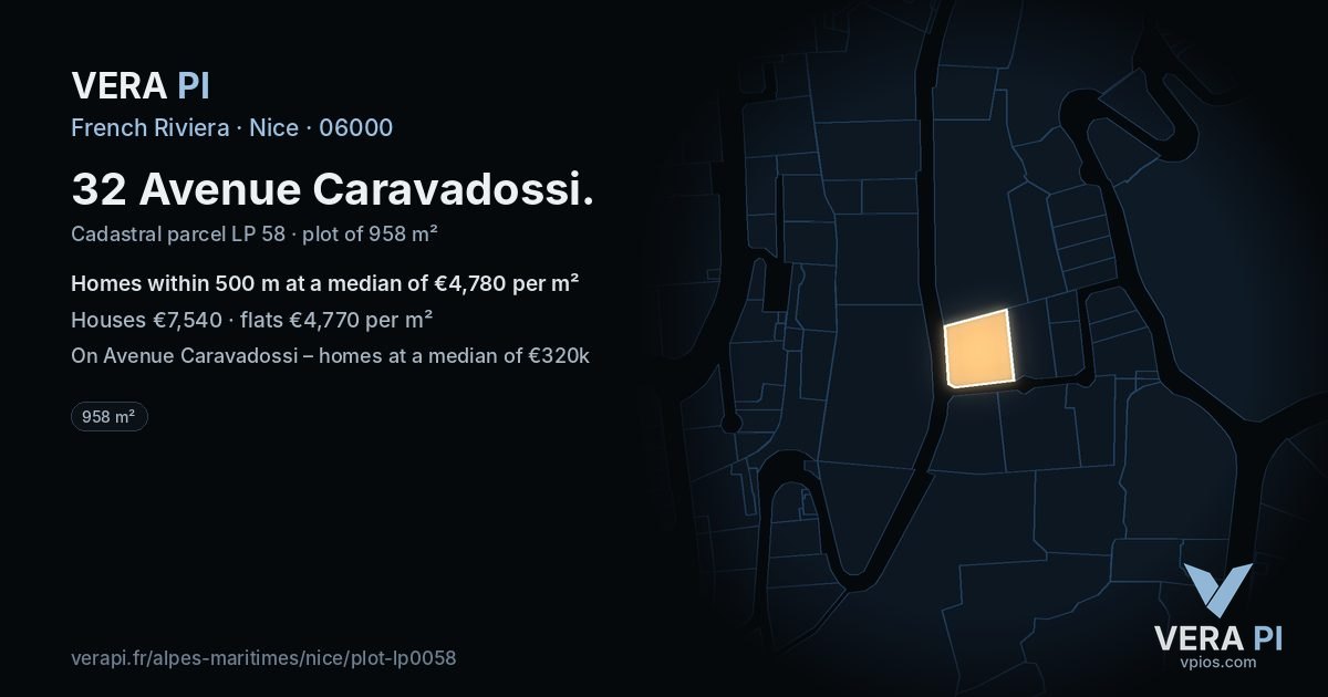 32 Avenue Caravadossi, Nice at night – the plot lit, the parcels around coloured by the prices near them