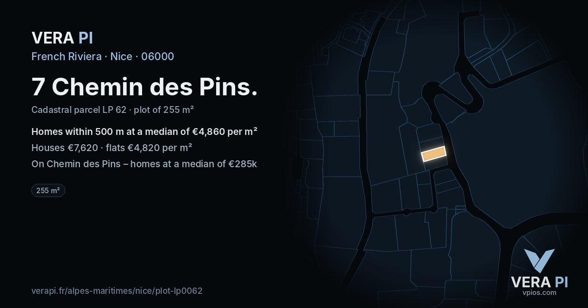 7 Chemin des Pins, Nice at night – the plot lit, the parcels around coloured by the prices near them