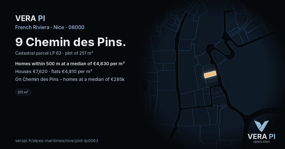 9 Chemin des Pins, Nice at night – the plot lit, the parcels around coloured by the prices near them