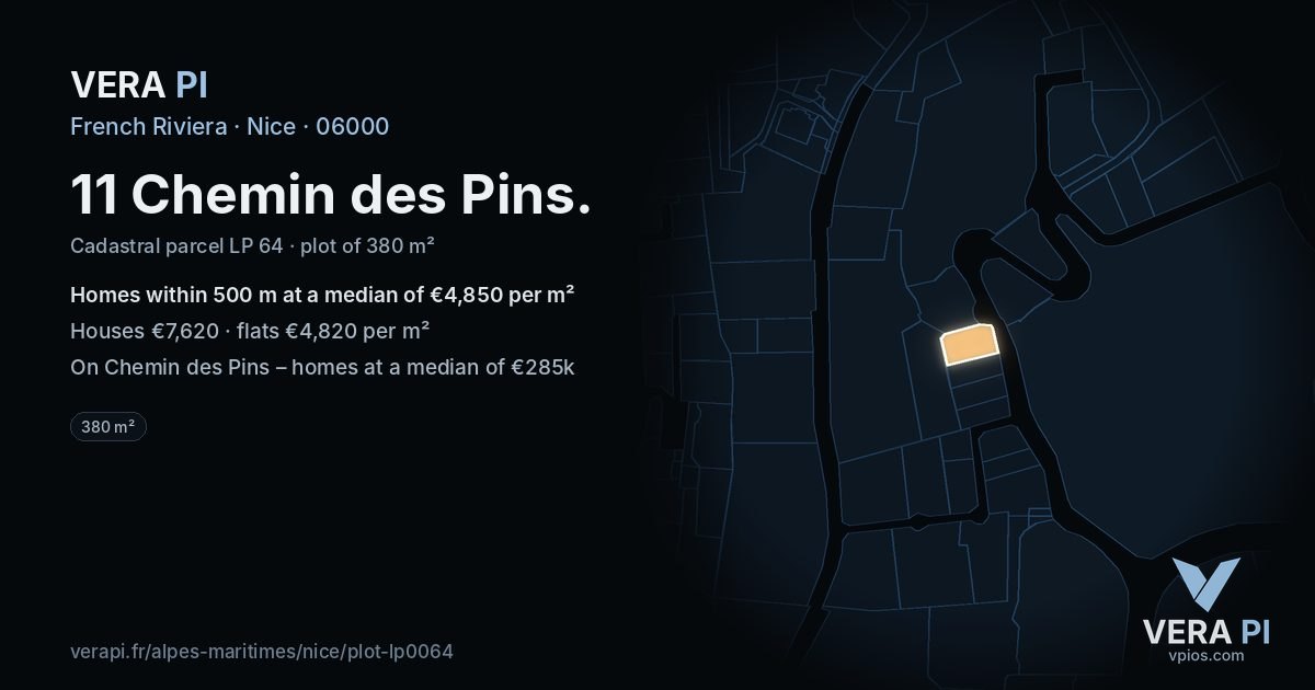 11 Chemin des Pins, Nice at night – the plot lit, the parcels around coloured by the prices near them