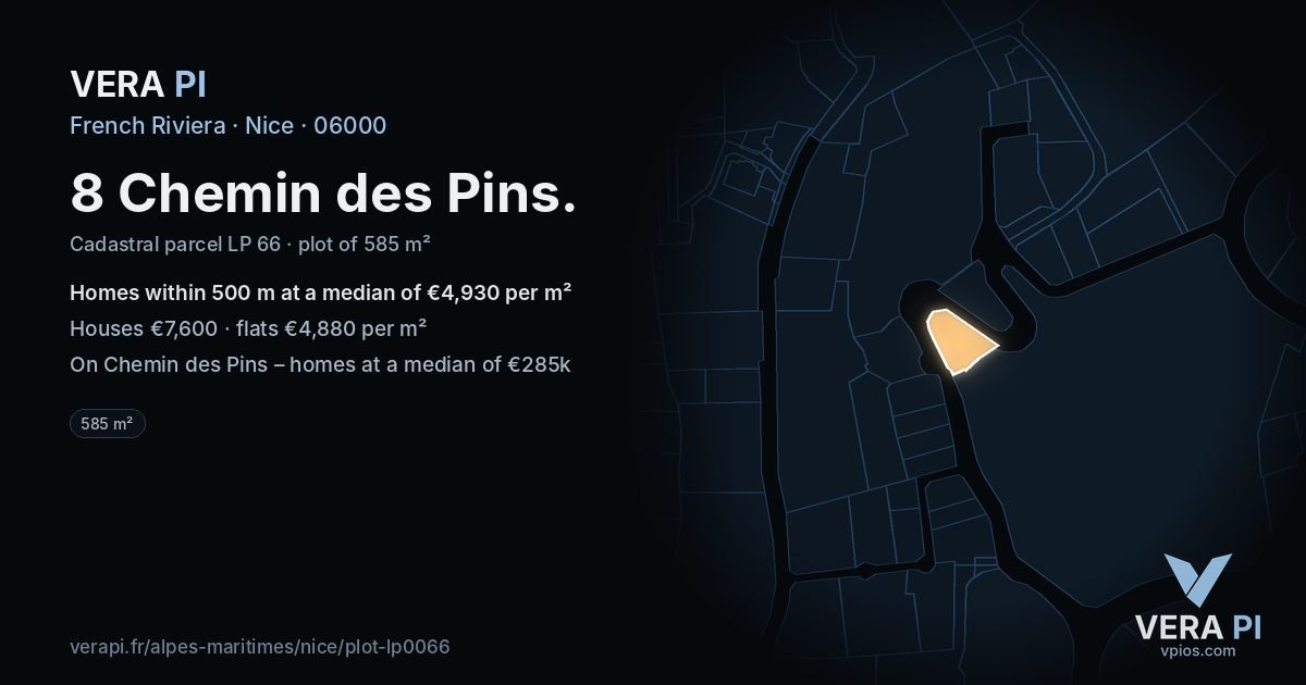 8 Chemin des Pins, Nice at night – the plot lit, the parcels around coloured by the prices near them