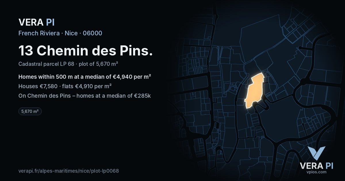 13 Chemin des Pins, Nice at night – the plot lit, the parcels around coloured by the prices near them