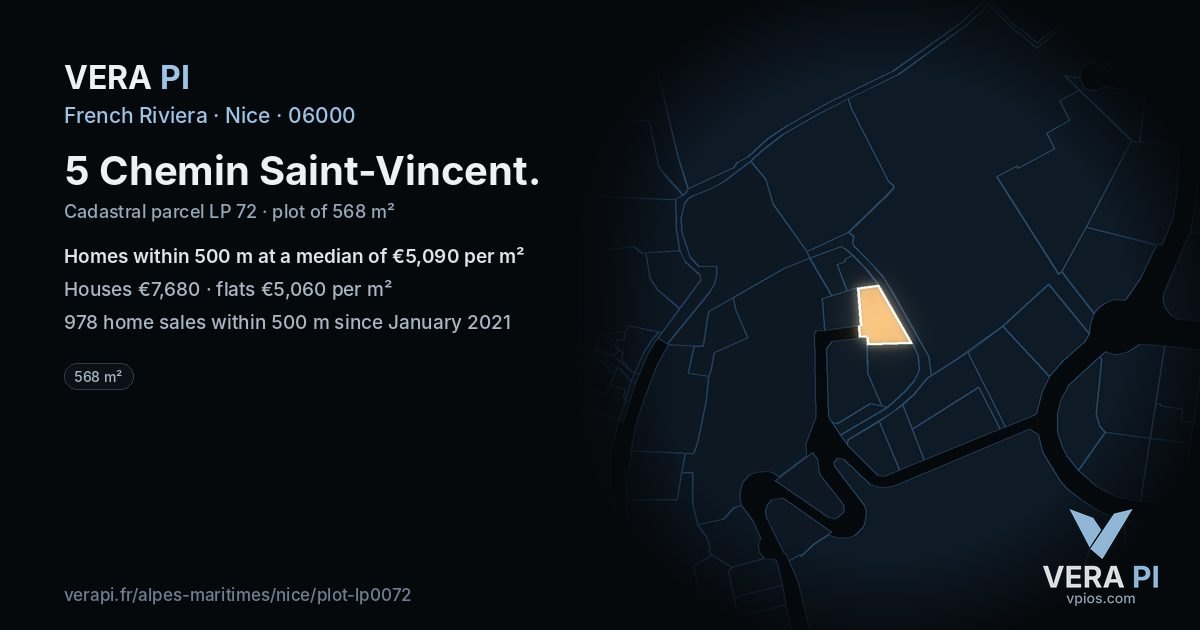 5 Chemin Saint-Vincent, Nice at night – the plot lit, the parcels around coloured by the prices near them