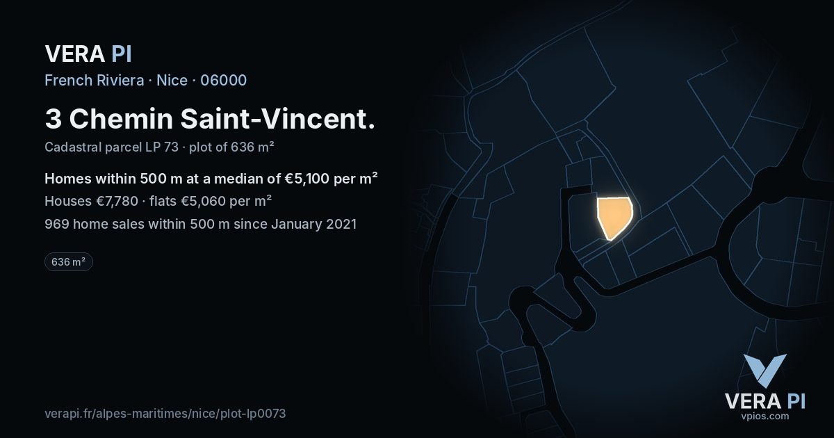 3 Chemin Saint-Vincent, Nice at night – the plot lit, the parcels around coloured by the prices near them