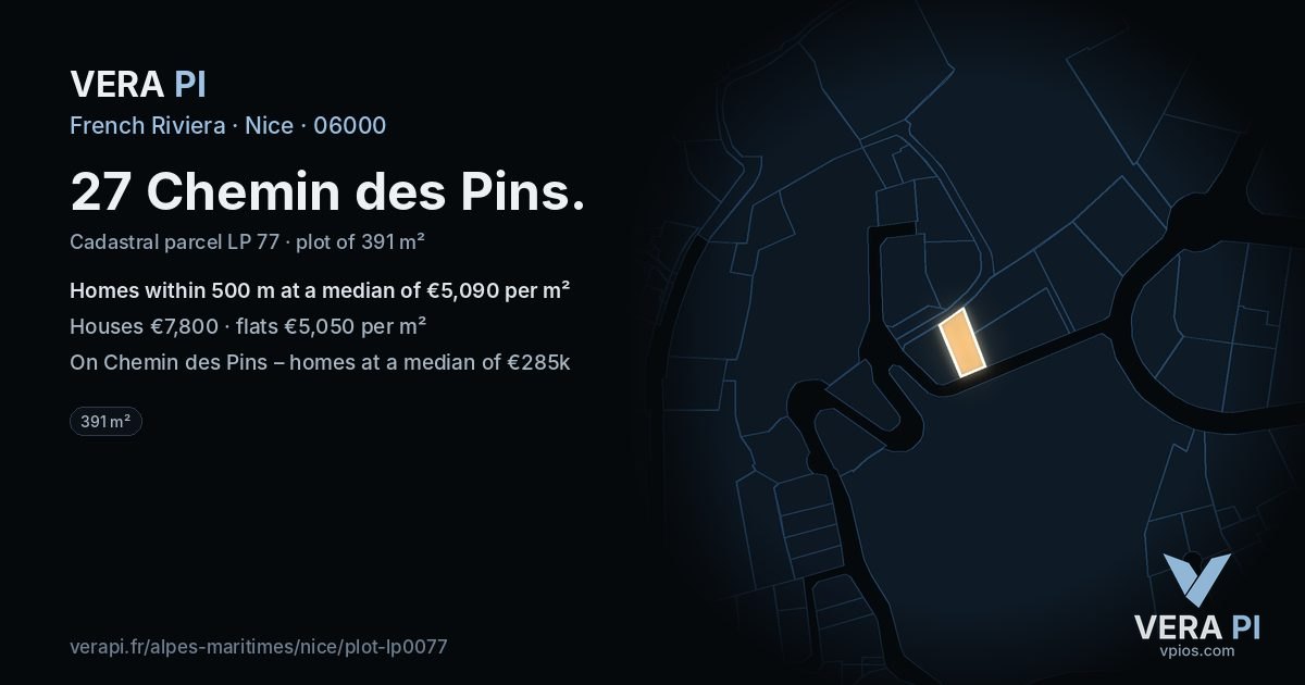 27 Chemin des Pins, Nice at night – the plot lit, the parcels around coloured by the prices near them