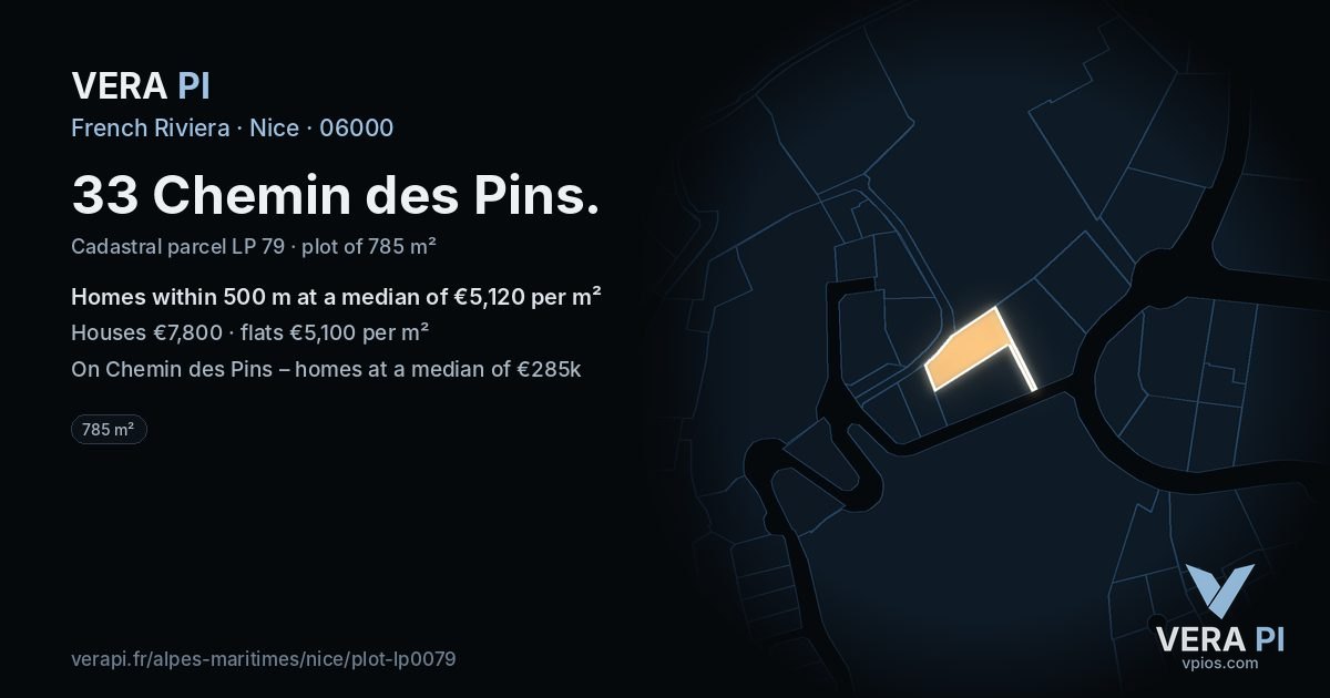 33 Chemin des Pins, Nice at night – the plot lit, the parcels around coloured by the prices near them