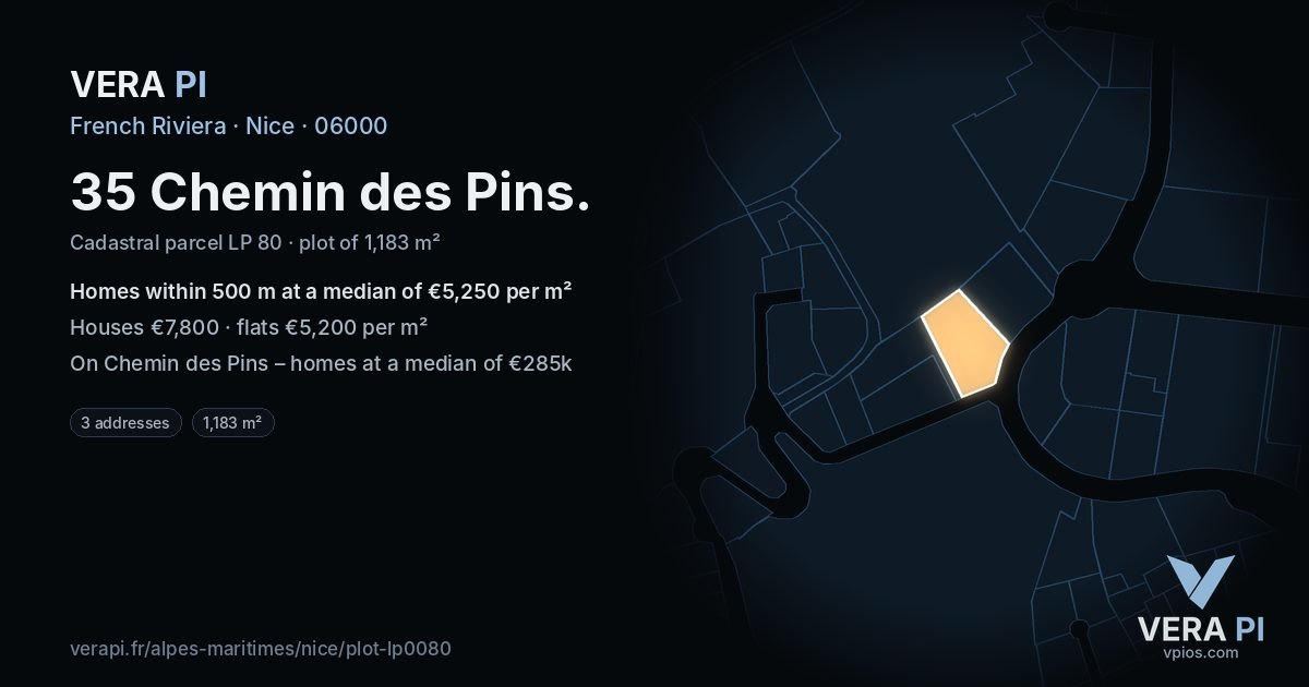 35 Chemin des Pins, Nice at night – the plot lit, the parcels around coloured by the prices near them