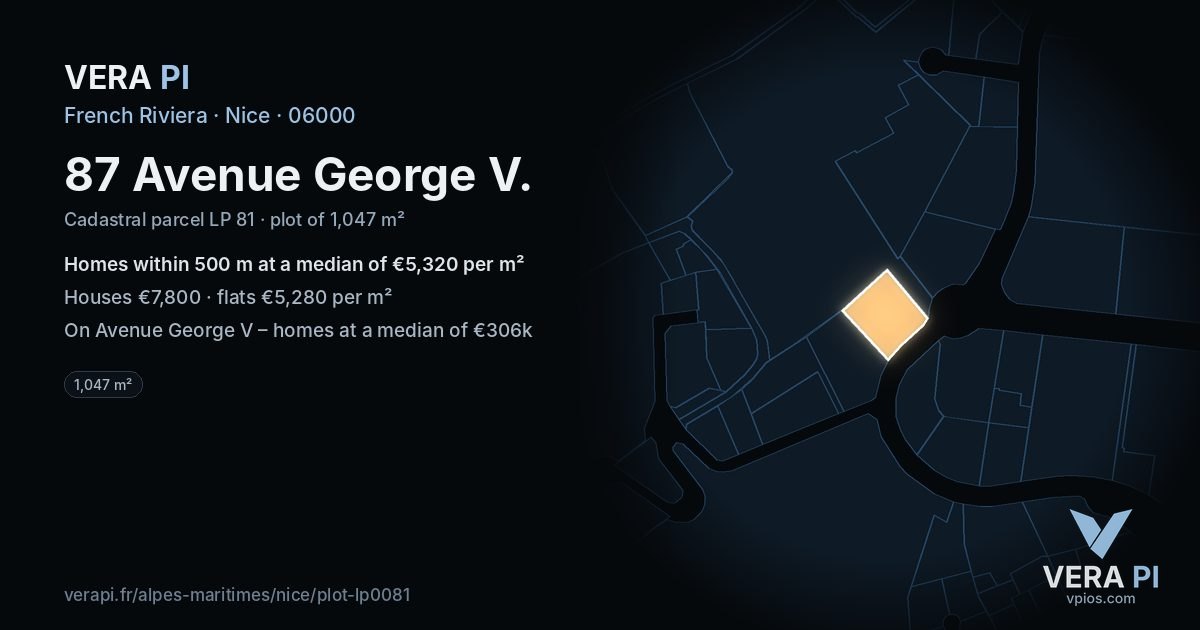 87 Avenue George V, Nice at night – the plot lit, the parcels around coloured by the prices near them