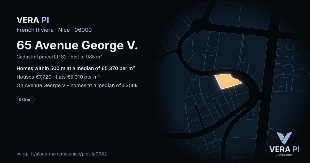 65 Avenue George V, Nice at night – the plot lit, the parcels around coloured by the prices near them