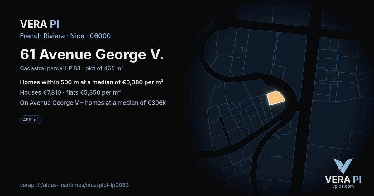 61 Avenue George V, Nice at night – the plot lit, the parcels around coloured by the prices near them