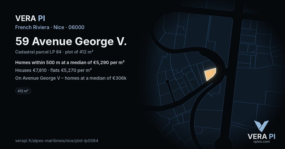 59 Avenue George V, Nice at night – the plot lit, the parcels around coloured by the prices near them