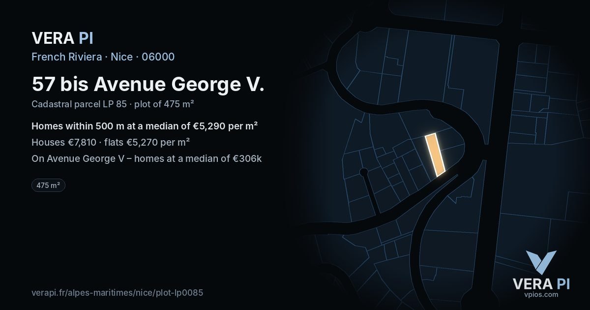 57 bis Avenue George V, Nice at night – the plot lit, the parcels around coloured by the prices near them