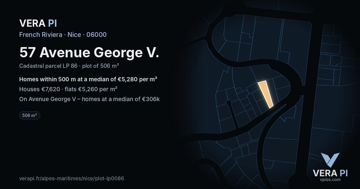57 Avenue George V, Nice at night – the plot lit, the parcels around coloured by the prices near them