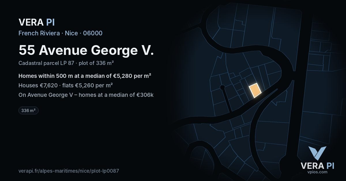 55 Avenue George V, Nice at night – the plot lit, the parcels around coloured by the prices near them