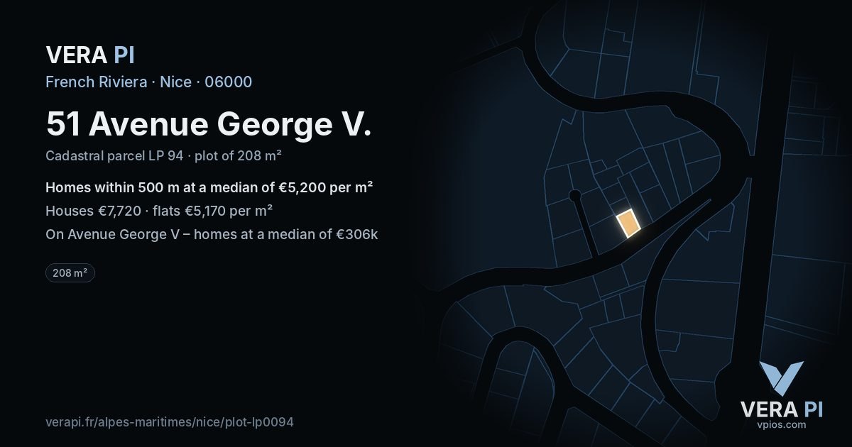 51 Avenue George V, Nice at night – the plot lit, the parcels around coloured by the prices near them