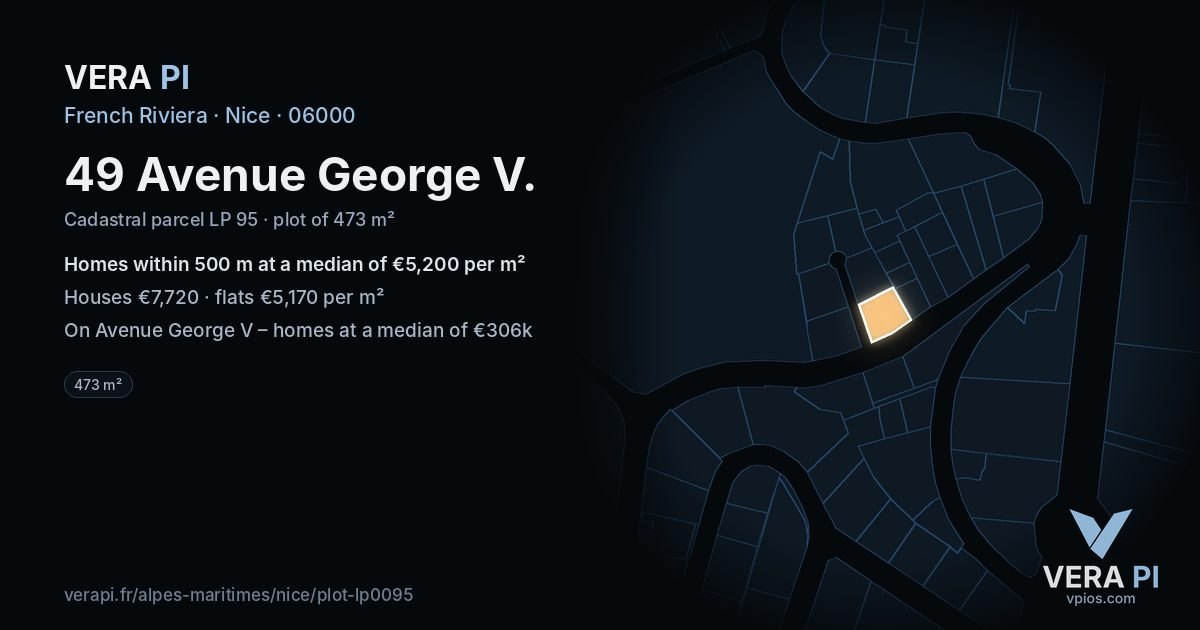 49 Avenue George V, Nice at night – the plot lit, the parcels around coloured by the prices near them