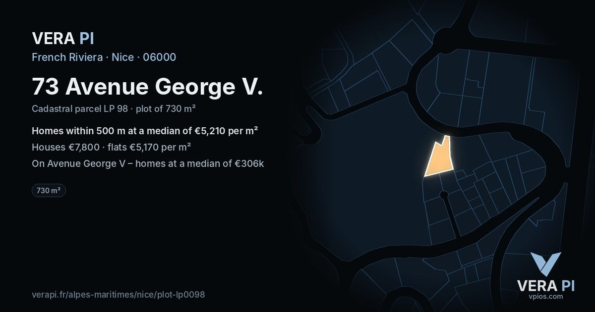 73 Avenue George V, Nice at night – the plot lit, the parcels around coloured by the prices near them