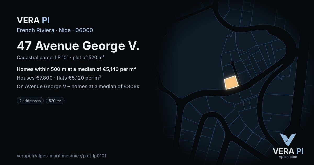 47 Avenue George V, Nice at night – the plot lit, the parcels around coloured by the prices near them