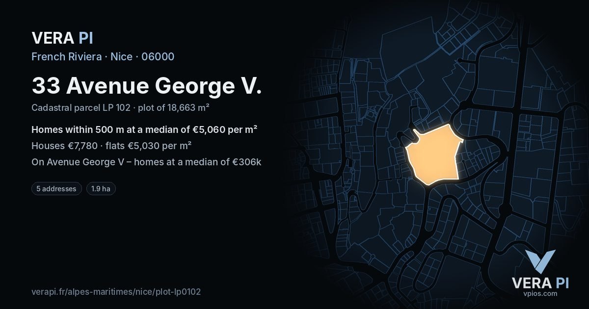 33 Avenue George V, Nice at night – the plot lit, the parcels around coloured by the prices near them