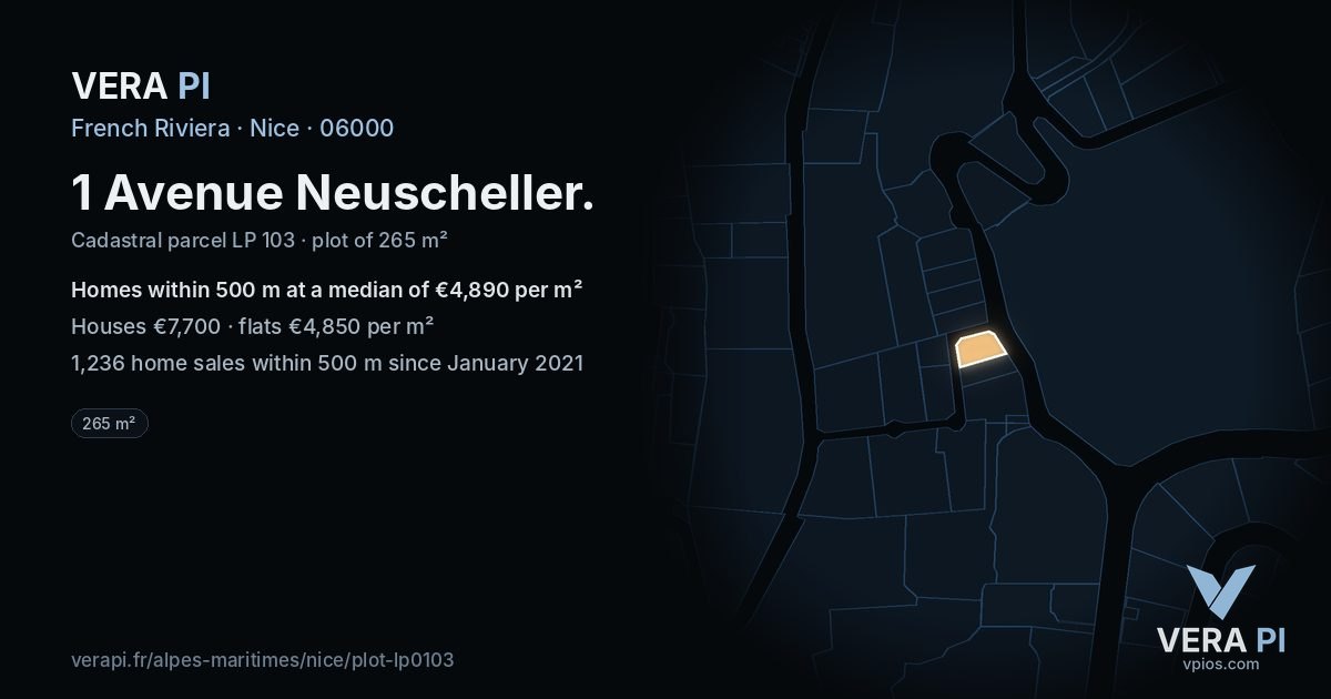 1 Avenue Neuscheller, Nice at night – the plot lit, the parcels around coloured by the prices near them