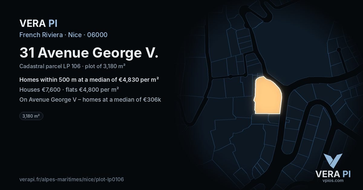 31 Avenue George V, Nice at night – the plot lit, the parcels around coloured by the prices near them
