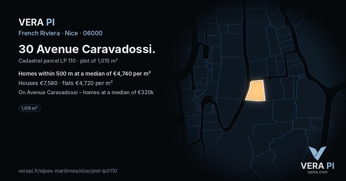 30 Avenue Caravadossi, Nice at night – the plot lit, the parcels around coloured by the prices near them