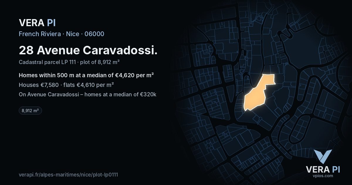 28 Avenue Caravadossi, Nice at night – the plot lit, the parcels around coloured by the prices near them