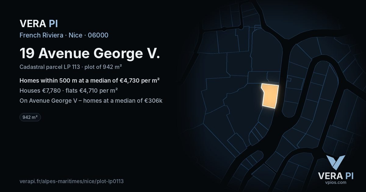 19 Avenue George V, Nice at night – the plot lit, the parcels around coloured by the prices near them