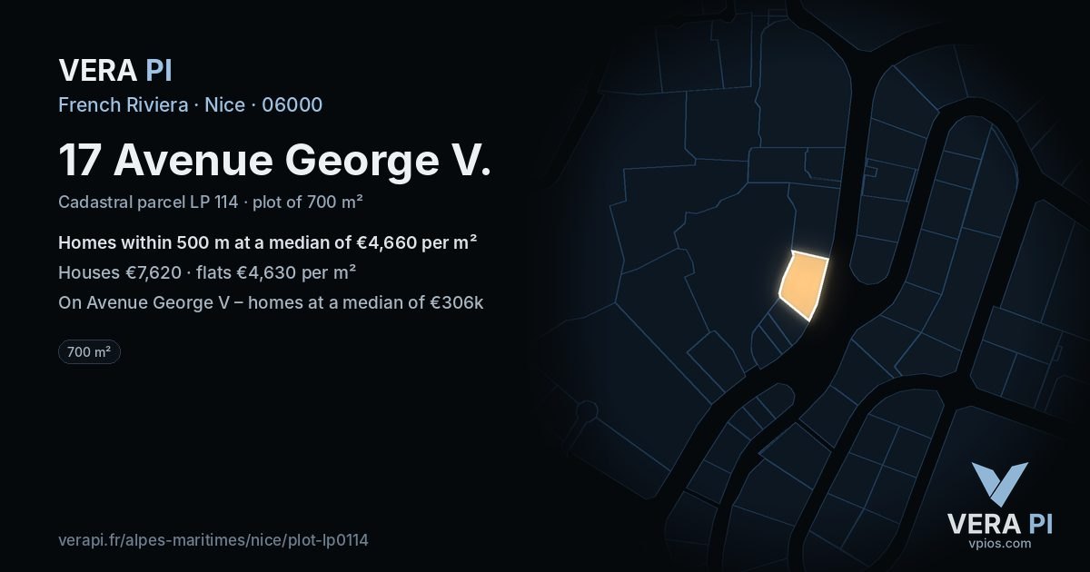 17 Avenue George V, Nice at night – the plot lit, the parcels around coloured by the prices near them